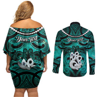 Personalised Maori Matariki Manaia Turquoise Couples Matching Off Shoulder Short Dress and Long Sleeve Button Shirt Maori Kowhaiwhai Pattern Galaxy