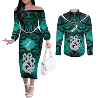 Personalised Maori Matariki Manaia Turquoise Couples Matching Off The Shoulder Long Sleeve Dress and Long Sleeve Button Shirt Maori Kowhaiwhai Pattern Galaxy