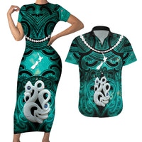 Personalised Maori Matariki Manaia Turquoise Couples Matching Short Sleeve Bodycon Dress and Hawaiian Shirt Maori Kowhaiwhai Pattern Galaxy
