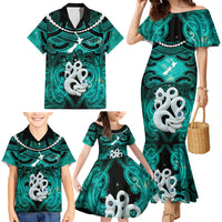 Personalised Maori Matariki Manaia Turquoise Family Matching Mermaid Dress and Hawaiian Shirt Maori Kowhaiwhai Pattern Galaxy