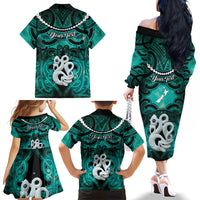 Personalised Maori Matariki Manaia Turquoise Family Matching Off The Shoulder Long Sleeve Dress and Hawaiian Shirt Maori Kowhaiwhai Pattern Galaxy