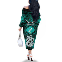 Personalised Maori Matariki Manaia Turquoise Family Matching Off The Shoulder Long Sleeve Dress and Hawaiian Shirt Maori Kowhaiwhai Pattern Galaxy