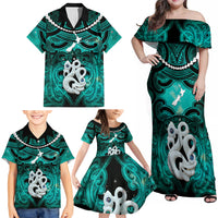 Personalised Maori Matariki Manaia Turquoise Family Matching Off Shoulder Maxi Dress and Hawaiian Shirt Maori Kowhaiwhai Pattern Galaxy