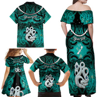 Personalised Maori Matariki Manaia Turquoise Family Matching Off Shoulder Maxi Dress and Hawaiian Shirt Maori Kowhaiwhai Pattern Galaxy