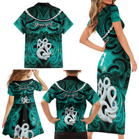 Personalised Maori Matariki Manaia Turquoise Family Matching Short Sleeve Bodycon Dress and Hawaiian Shirt Maori Kowhaiwhai Pattern Galaxy