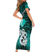 Personalised Maori Matariki Manaia Turquoise Family Matching Short Sleeve Bodycon Dress and Hawaiian Shirt Maori Kowhaiwhai Pattern Galaxy