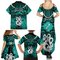 Personalised Maori Matariki Manaia Turquoise Family Matching Summer Maxi Dress and Hawaiian Shirt Maori Kowhaiwhai Pattern Galaxy