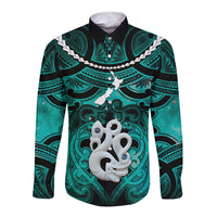 Personalised Maori Matariki Manaia Turquoise Long Sleeve Button Shirt Maori Kowhaiwhai Pattern Galaxy
