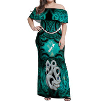 Personalised Maori Matariki Manaia Turquoise Off Shoulder Maxi Dress Maori Kowhaiwhai Pattern Galaxy