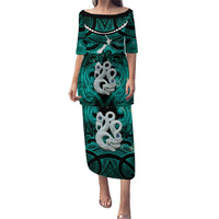 Personalised Maori Matariki Manaia Turquoise Puletasi Maori Kowhaiwhai Pattern Galaxy LT01 Long Dress Turquoise - Polynesian Pride