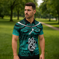 Personalised Maori Matariki Manaia Turquoise Zipper Polo Shirt Maori Kowhaiwhai Pattern Galaxy