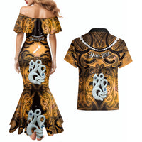 Personalised Maori Matariki Manaia Kowhai Couples Matching Mermaid Dress and Hawaiian Shirt Maori Kowhaiwhai Pattern Galaxy