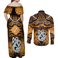 Personalised Maori Matariki Manaia Kowhai Couples Matching Off Shoulder Maxi Dress and Long Sleeve Button Shirt Maori Kowhaiwhai Pattern Galaxy