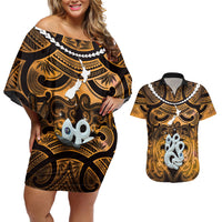 Personalised Maori Matariki Manaia Kowhai Couples Matching Off Shoulder Short Dress and Hawaiian Shirt Maori Kowhaiwhai Pattern Galaxy