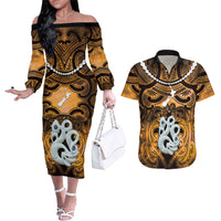 Personalised Maori Matariki Manaia Kowhai Couples Matching Off The Shoulder Long Sleeve Dress and Hawaiian Shirt Maori Kowhaiwhai Pattern Galaxy