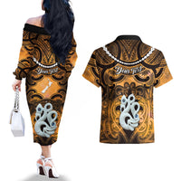 Personalised Maori Matariki Manaia Kowhai Couples Matching Off The Shoulder Long Sleeve Dress and Hawaiian Shirt Maori Kowhaiwhai Pattern Galaxy