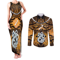 Personalised Maori Matariki Manaia Kowhai Couples Matching Tank Maxi Dress and Long Sleeve Button Shirt Maori Kowhaiwhai Pattern Galaxy