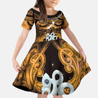 Personalised Maori Matariki Manaia Kowhai Family Matching Off The Shoulder Long Sleeve Dress and Hawaiian Shirt Maori Kowhaiwhai Pattern Galaxy