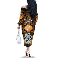 Personalised Maori Matariki Manaia Kowhai Family Matching Off The Shoulder Long Sleeve Dress and Hawaiian Shirt Maori Kowhaiwhai Pattern Galaxy