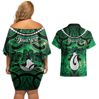 Personalised Maori Matariki Hei Matau Kakariki Couples Matching Off Shoulder Short Dress and Hawaiian Shirt Maori Kowhaiwhai Pattern Galaxy