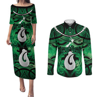 Personalised Maori Matariki Hei Matau Kakariki Couples Matching Puletasi and Long Sleeve Button Shirt Maori Kowhaiwhai Pattern Galaxy