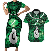 Personalised Maori Matariki Hei Matau Kakariki Couples Matching Short Sleeve Bodycon Dress and Hawaiian Shirt Maori Kowhaiwhai Pattern Galaxy LT01 Green - Polynesian Pride