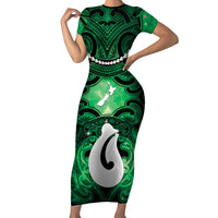 Personalised Maori Matariki Hei Matau Kakariki Short Sleeve Bodycon Dress Maori Kowhaiwhai Pattern Galaxy