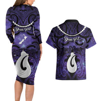 Personalised Maori Matariki Hei Matau Waiporoporo Couples Matching Long Sleeve Bodycon Dress and Hawaiian Shirt Maori Kowhaiwhai Pattern Galaxy