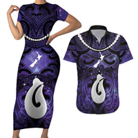 Personalised Maori Matariki Hei Matau Waiporoporo Couples Matching Short Sleeve Bodycon Dress and Hawaiian Shirt Maori Kowhaiwhai Pattern Galaxy