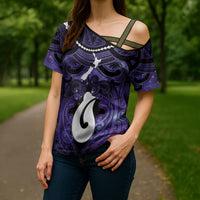 Personalised Maori Matariki Hei Matau Waiporoporo Cross Shoulder Shirt Maori Kowhaiwhai Pattern Galaxy
