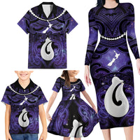 Personalised Maori Matariki Hei Matau Waiporoporo Family Matching Long Sleeve Bodycon Dress and Hawaiian Shirt Maori Kowhaiwhai Pattern Galaxy