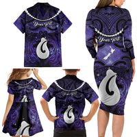 Personalised Maori Matariki Hei Matau Waiporoporo Family Matching Long Sleeve Bodycon Dress and Hawaiian Shirt Maori Kowhaiwhai Pattern Galaxy