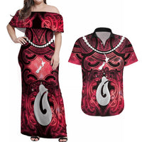 Personalised Maori Matariki Hei Matau Whero Couples Matching Off Shoulder Maxi Dress and Hawaiian Shirt Maori Kowhaiwhai Pattern Galaxy