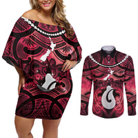 Personalised Maori Matariki Hei Matau Whero Couples Matching Off Shoulder Short Dress and Long Sleeve Button Shirt Maori Kowhaiwhai Pattern Galaxy
