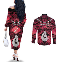 Personalised Maori Matariki Hei Matau Whero Couples Matching Off The Shoulder Long Sleeve Dress and Long Sleeve Button Shirt Maori Kowhaiwhai Pattern Galaxy