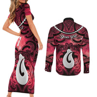 Personalised Maori Matariki Hei Matau Whero Couples Matching Short Sleeve Bodycon Dress and Long Sleeve Button Shirt Maori Kowhaiwhai Pattern Galaxy