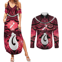 Personalised Maori Matariki Hei Matau Whero Couples Matching Summer Maxi Dress and Long Sleeve Button Shirt Maori Kowhaiwhai Pattern Galaxy