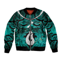 Personalised Maori Matariki Hei Matau Turquoise Bomber Jacket Maori Kowhaiwhai Pattern Galaxy