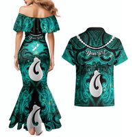 Personalised Maori Matariki Hei Matau Turquoise Couples Matching Mermaid Dress and Hawaiian Shirt Maori Kowhaiwhai Pattern Galaxy