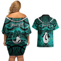Personalised Maori Matariki Hei Matau Turquoise Couples Matching Off Shoulder Short Dress and Hawaiian Shirt Maori Kowhaiwhai Pattern Galaxy