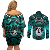 Personalised Maori Matariki Hei Matau Turquoise Couples Matching Off Shoulder Short Dress and Long Sleeve Button Shirt Maori Kowhaiwhai Pattern Galaxy