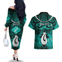 Personalised Maori Matariki Hei Matau Turquoise Couples Matching Off The Shoulder Long Sleeve Dress and Hawaiian Shirt Maori Kowhaiwhai Pattern Galaxy