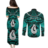Personalised Maori Matariki Hei Matau Turquoise Couples Matching Puletasi and Long Sleeve Button Shirt Maori Kowhaiwhai Pattern Galaxy