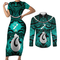 Personalised Maori Matariki Hei Matau Turquoise Couples Matching Short Sleeve Bodycon Dress and Long Sleeve Button Shirt Maori Kowhaiwhai Pattern Galaxy