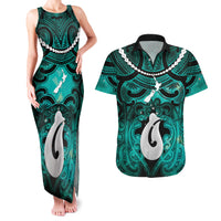 Personalised Maori Matariki Hei Matau Turquoise Couples Matching Tank Maxi Dress and Hawaiian Shirt Maori Kowhaiwhai Pattern Galaxy