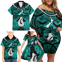 Personalised Maori Matariki Hei Matau Turquoise Family Matching Off Shoulder Short Dress and Hawaiian Shirt Maori Kowhaiwhai Pattern Galaxy