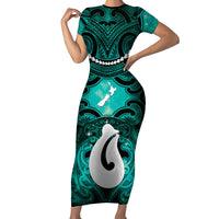 Personalised Maori Matariki Hei Matau Turquoise Family Matching Short Sleeve Bodycon Dress and Hawaiian Shirt Maori Kowhaiwhai Pattern Galaxy