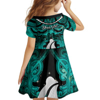 Personalised Maori Matariki Hei Matau Turquoise Kid Short Sleeve Dress Maori Kowhaiwhai Pattern Galaxy LT01 - Polynesian Pride