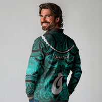 Personalised Maori Matariki Hei Matau Turquoise Long Sleeve Polo Shirt Maori Kowhaiwhai Pattern Galaxy