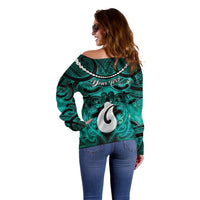 Personalised Maori Matariki Hei Matau Turquoise Off Shoulder Sweater Maori Kowhaiwhai Pattern Galaxy